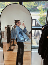 Load image into Gallery viewer, mirror selfie of model wearing the talk of the town jacket.