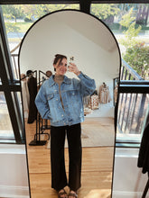 Load image into Gallery viewer, mirror selfie of model wearing the talk of the town jacket.
