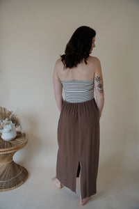back view of model wearing the feels like home maxi dress.