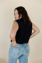 Load image into Gallery viewer, back view of model wearing the in season sweater tank. model has the sweater paired with a pair of medium wash denim.