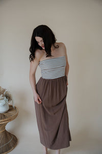 side view of model wearing the feels like home maxi dress.