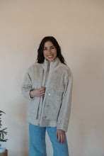 Load image into Gallery viewer, front view of model wearing the these are the days jacket. model has the jacket paired with the until you top in the color cream.