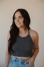 Load image into Gallery viewer, front view of model wearing the these days top in the color charcoal. model has the top paired with the dakota denim shorts.