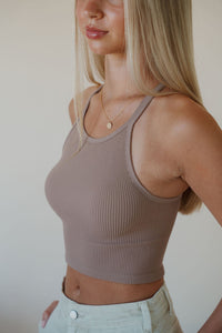 side view of model wearing the these days top in the color espresso. model has the top paired with the parker denim shorts.