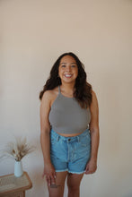 Load image into Gallery viewer, front view of model wearing the these days top in the color smoky taupe. model has the top paired with the boston denim shorts.