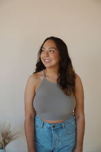 Load image into Gallery viewer, front view of model wearing the these days top in the color smoky taupe. model has the top paired with the boston denim shorts.