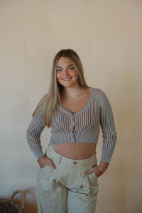 front view of model wearing the better days top. model has the top paired with the oakland chinos.