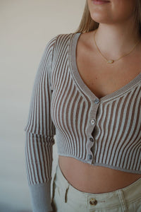 detail view of model wearing the better days top. model has the top paired with the oakland chinos.