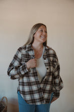Load image into Gallery viewer, front view of model wearing the something&#39;s changed shacket. model has the shacket paired with the forever yours top in the color light beige.