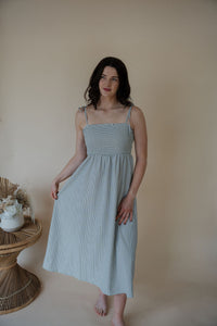 front view of model wearing the starting over dress