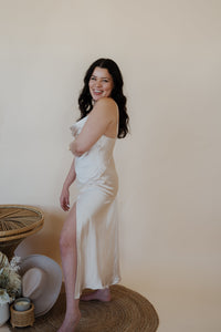 side view of model wearing the wherever I'm with you maxi.