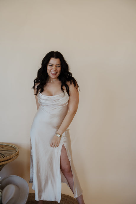 front view of model wearing the wherever I'm with you maxi. model has the dress paired with the MK necklace and the magnolia earrings.