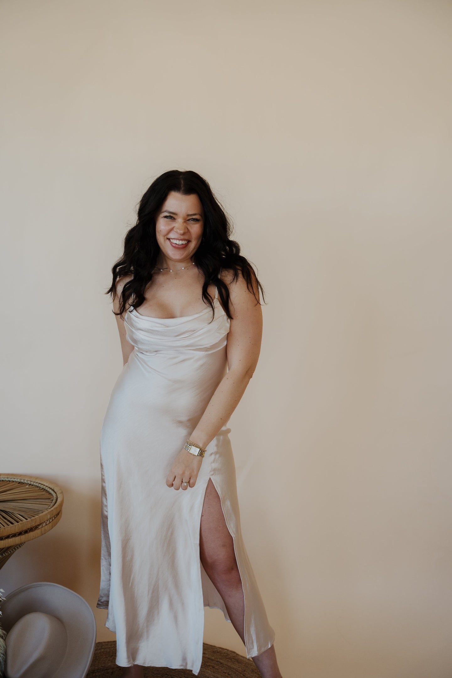 front view of model wearing the wherever I'm with you maxi. model has the dress paired with the MK necklace and the magnolia earrings.
