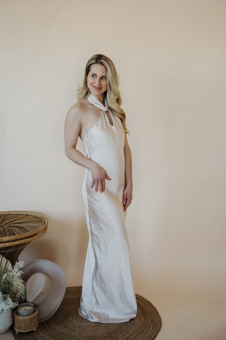 side view of model wearing the we meet again dress.