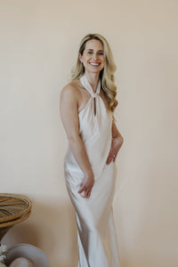 close up side view of model wearing the we meet again dress.