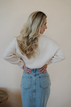 Load image into Gallery viewer, back view of model wearing the as long as I live denim midi skirt. model has the skirt paired with the halfway there top.